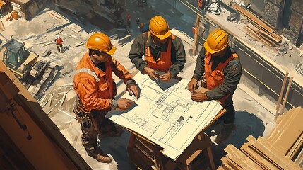 An engineer and an architect collaborating over detailed blueprints and construction plans amidst a dynamic construction site, surrounded by workers and heavy equipment