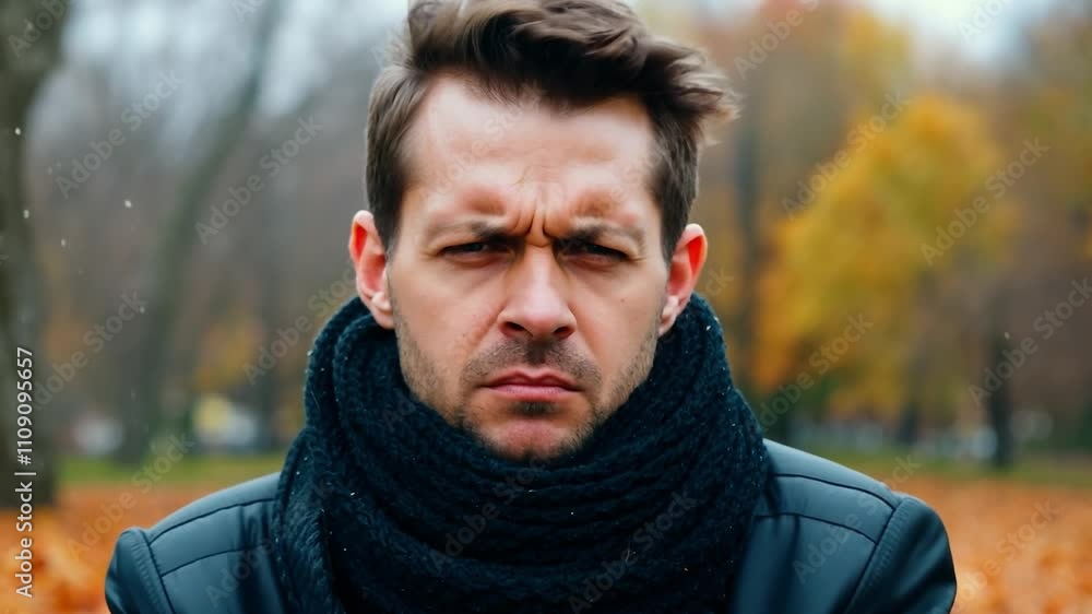 Poster man with a black scarf and a black jacket is looking at something in the distance. he is upset or co