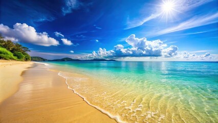 Obraz premium Sunny day at the beach with crystal clear blue sea and golden sand , summer, beach, sea, ocean, vacation, sun, sand