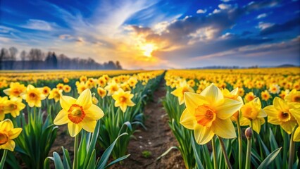 Fototapeta premium Vibrant daffodil flowers blooming in a picturesque field, spring, nature, yellow, petals, sunny, beauty, garden, outdoor