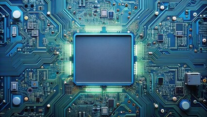 Fototapeta premium Top view of circuit board, technology, electronics, circuitry, computer hardware, motherboard, microchips