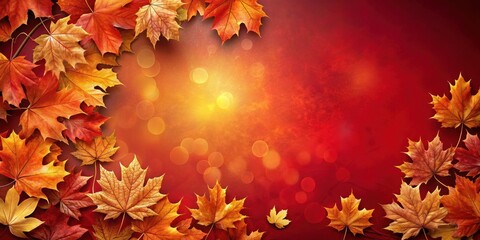 Fototapeta premium Autumn Leaves Frame with Warm Bokeh Lights and Red Background