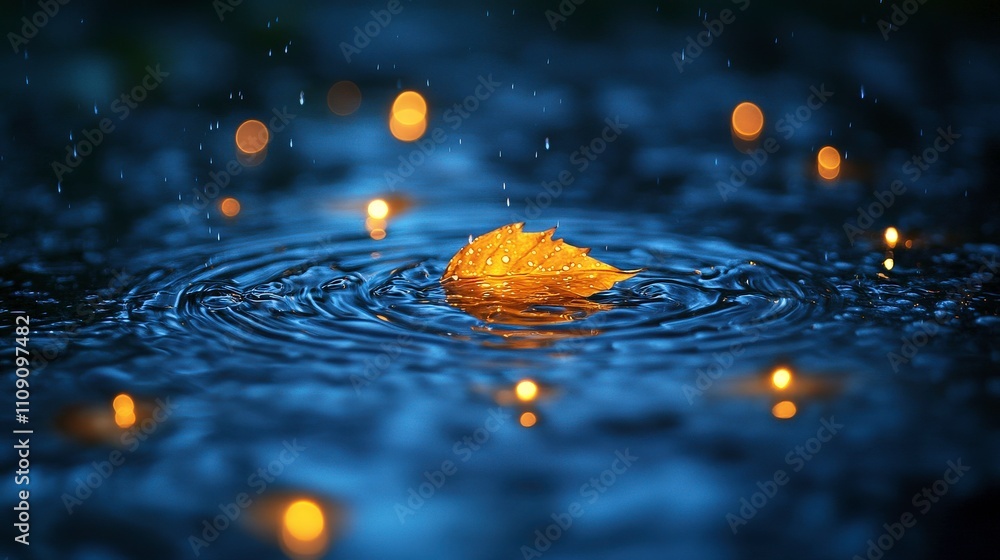 Aufkleber a single golden leaf floating on rain-heavy water surface surrounded by sparkling raindrops and soft