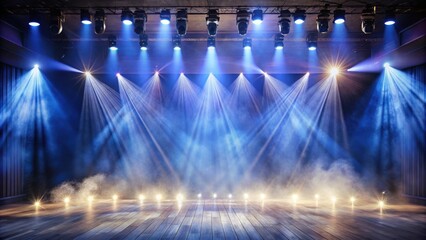 Obraz premium Epic scene of stage with spotlight and smoke, empty concert hall or dance club interior background, stage, spotlight