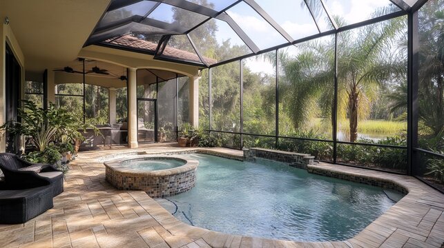 Luxury Florida mansion with lanai patio and screened in pool, exterior design