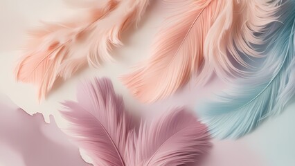 Fototapeta premium Soft, feathery brushstrokes of pale peach, mauve, and powder blue pastel hues dance across a delicate watercolor background, evoking a sense of serenity and gentleness