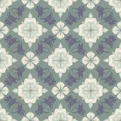 Fototapeta premium Seamless Scandinavian floral tile pattern with muted lavender and white accents on a dusty green background, ideal for elegant and modern interiors