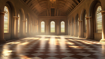 sunlit hall with high ceilings and elegant archways, featuring large windows that cast soft shadows on a polished checkered floor.