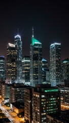 Naklejka premium Vibrant city skyline at night with illuminated buildings.