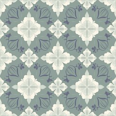 Fototapeta premium Scandinavian floral tile pattern with muted lavender and white accents on a dusty green background, offering a seamless and sophisticated touch for modern spaces