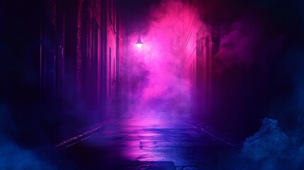 Fototapeta premium Eerie Dark Street Night with Smog, Smoke, and Neon Light