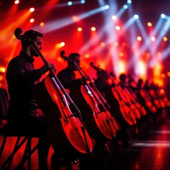 Fototapeta premium A captivating string orchestra performance featuring cellists under dramatic stage lights, creating a vibrant and artistic atmosphere.