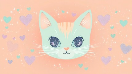 Fototapeta premium Mint green cat face with large sparkling eyes and surrounding pastel hearts provides a whimsical design element for children's branding on peach.