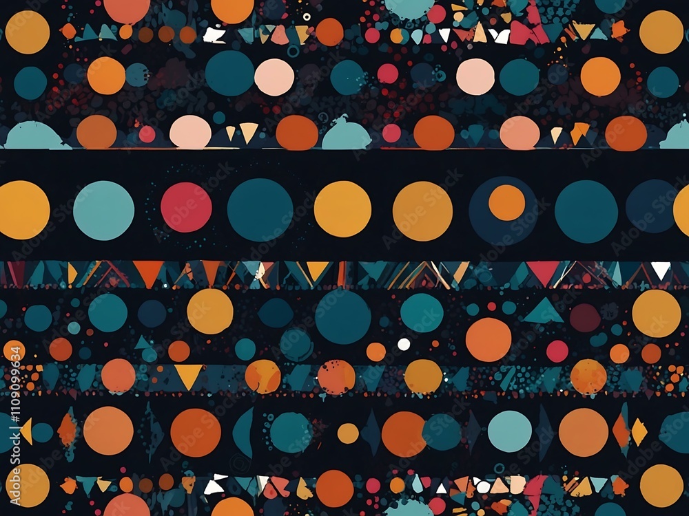 Poster vibrant geometric pattern with circles and triangles on dark blue.