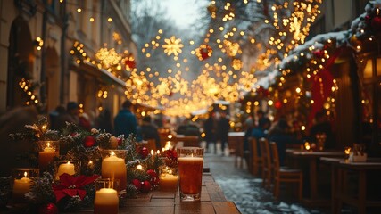 Fototapeta premium Blurred crowd at outdoor Christmas party, festive lights, holiday decorations in the background. Vibrant celebration atmosphere.