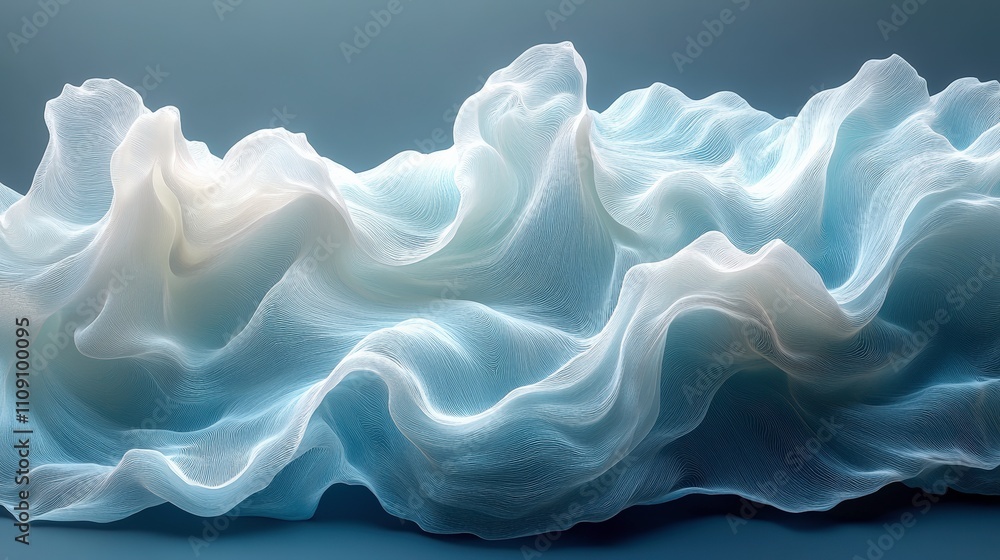 Poster ethereal waves of soft fabric in serene blue and white tones capturing light and movement for abstra