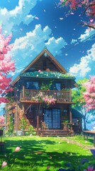 Fototapeta premium A charming two-story house with a lush garden, blooming flowers, and wooden furniture under a clear blue sky, evoking a serene and inviting atmosphere