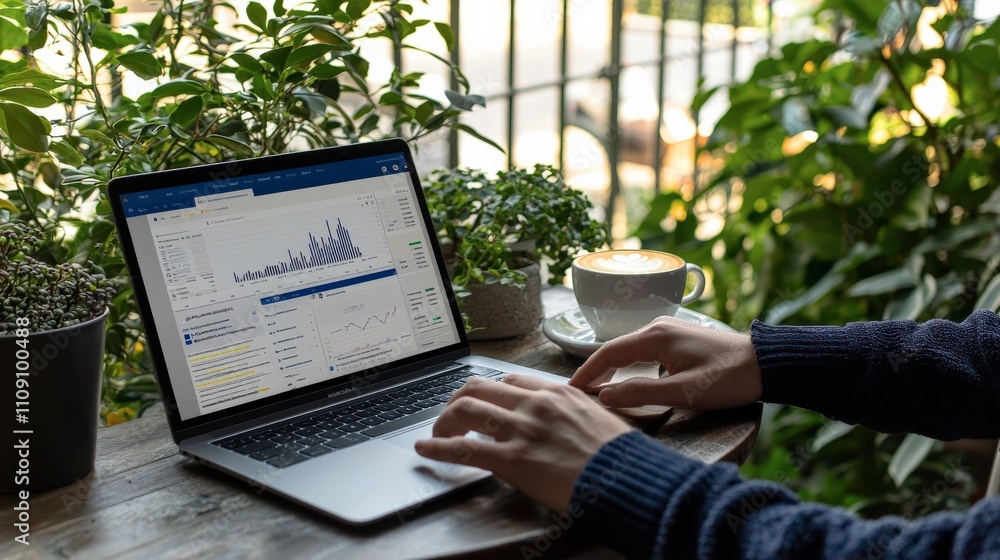 Poster person is typing on a laptop computer in front of a potted plant. the laptop is open to a screen dis