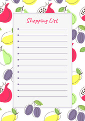 Shopping list template with a pattern of fruits and berries