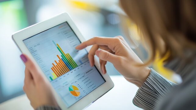 Woman is looking at a tablet with a graph on it. She is touching the screen with her finger