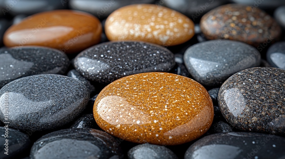 Poster close-up view of smooth multicolored pebbles with shine and texture, perfect for nature backgrounds 