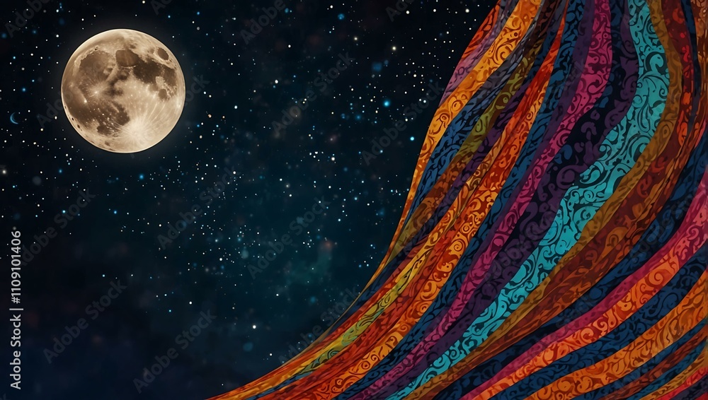 Poster vibrant moon glowing surrounded by abstract patterns.