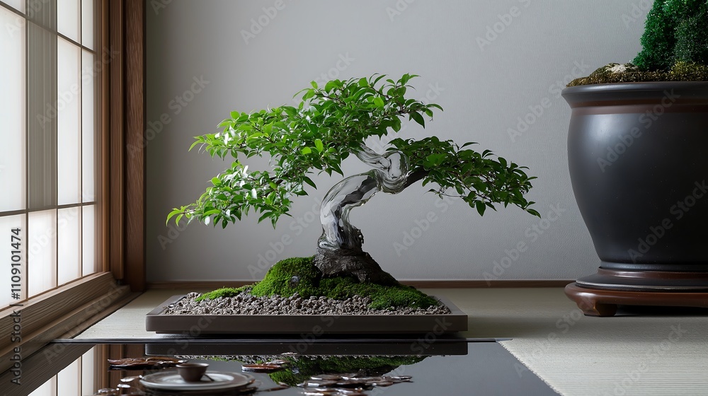 Poster a serene bonsai tree displayed in a minimalist room, featuring delicate leaves on a textured trunk, 