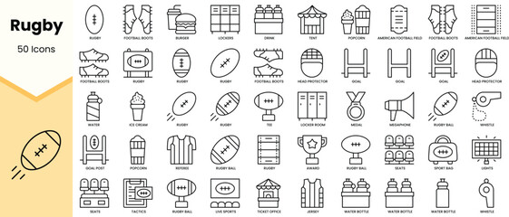 Set of rugby icons. Simple line art style icons pack. Vector illustration