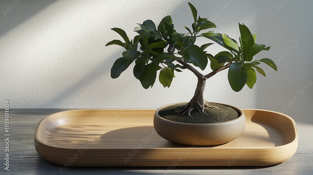Poster a small bonsai tree sits in a minimalist pot on a wooden tray, illuminated by soft sunlight, creatin