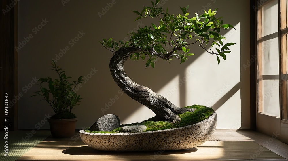 Poster a serene bonsai tree elegantly displayed in a textured pot, basking in soft sunlight, creating a tra