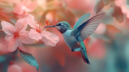 Hummingbird and Pink Blossoms: A Serene Springtime Encounter