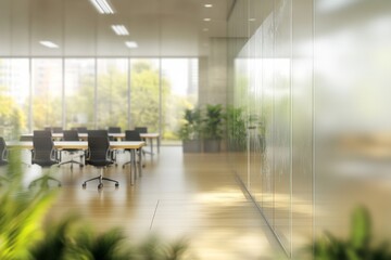 Fototapeta premium Blurred background in a workplace conference room setting captured in a stock photo.