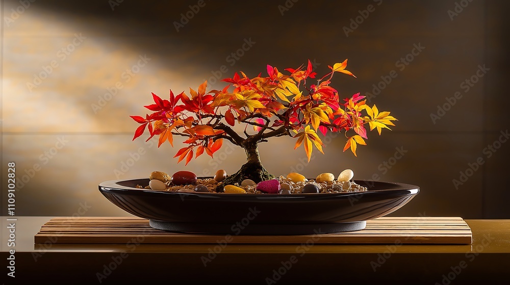 Poster a vibrant bonsai tree with autumn-colored leaves is displayed in a decorative bowl, surrounded by pe