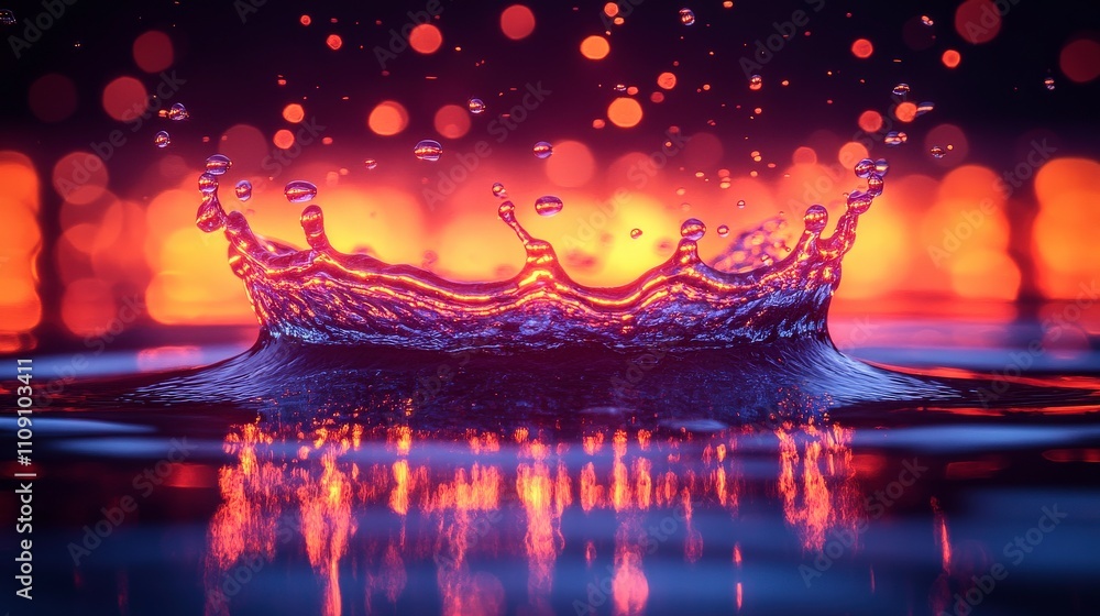 Poster stunning close-up of water droplet creating a ripple effect with colorful background bokeh, evoking 