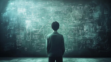 Obraz premium Deep in thought, a person contemplates intricate math formulas in front of chalkboard background.