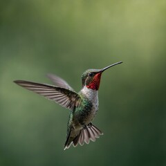 Fototapeta premium A hummingbird in mid-flight against a blurred green background.