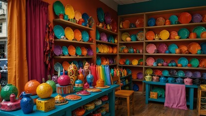 Vibrant shop displaying a variety of colorful items for sale.