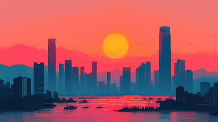 Fototapeta premium Landscape background vibrant coastal city skyline at sunset, featuring silhouettes of skyscrapers against colorful sky. harbor reflects warm hues of setting sun, creating serene atmosphere