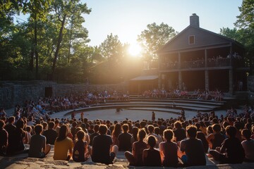 Students Gather for Outdoor Assembly in Sunlit Amphitheater