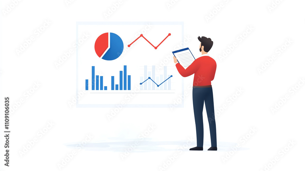 Poster businessman presenting data analysis with charts and graphs