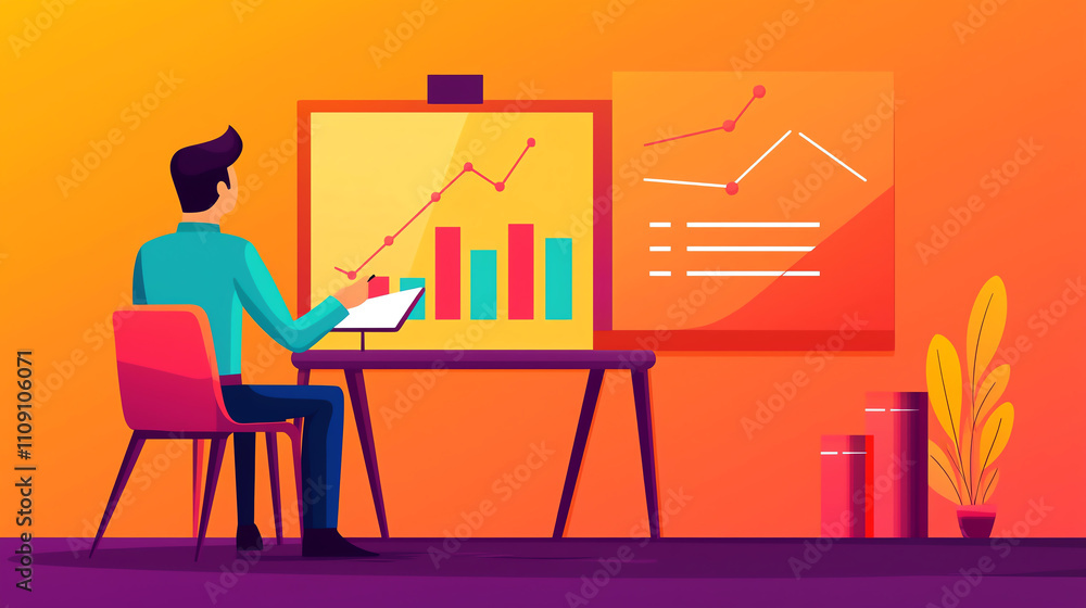 Poster businessman analyzing data trends with graphs and charts in office