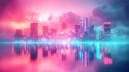 Fototapeta premium Cityscape background Futuristic city skyline with glowing lights and reflections at sunset