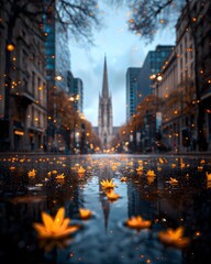 Obraz premium Autumn reflections in a city street after rain