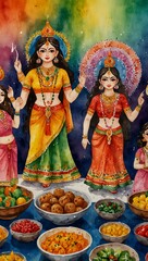Fototapeta premium Vibrant watercolor Navratri feast, a traditional celebration.