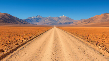 Naklejka premium Vast desert road stretching through sandy landscape under blue sky