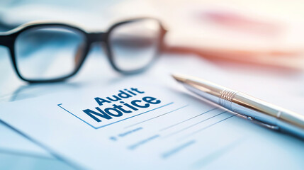 Audit notice document with glasses and pen on desk
