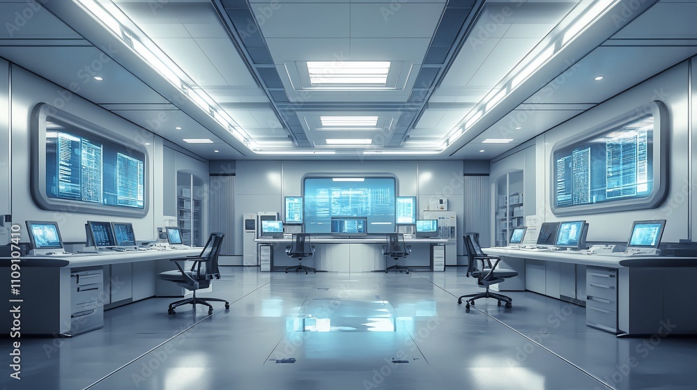 Aufkleber Futuristic server room with multiple workstations and large monitors displaying data.