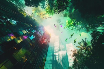 Surreal cityscape where nature reclaims urban spaces