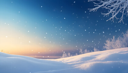 Snowfall at sunrise over snowy landscape
