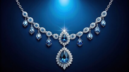 A sparkling sapphire necklace with teardrop pendants, set against a deep blue backdrop, captures the essence of elegance and sophistication.